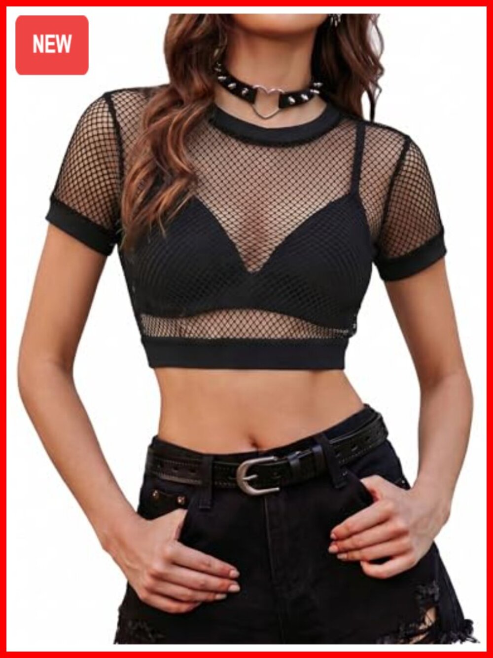 Women's Fishnet Mesh See Through Crop Top Short Sleeve Round Neck Pullover